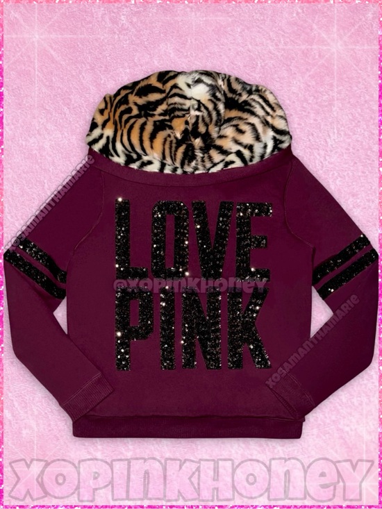 PINK Victoria's Secret Tops - VS PINK Rare Y2K Vtg Sequin Bling Tiger Print Faux Fur Hoodie Jacket